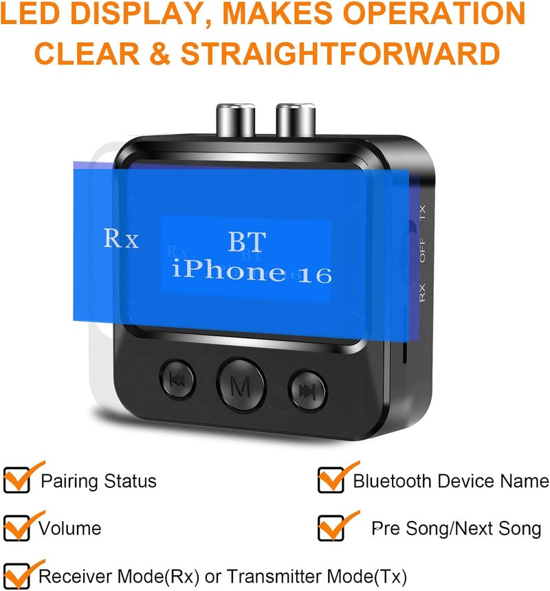 Baishun Bluetooth Transmitter Receiver for TV, Audio Adapter for Home Stereo with RCA 3.5mm AUX & Display, Bluetooth Transmitter for Headphones/Speakers/Airplane/Home Theater/PC/Car, TF Card Output - Image 3